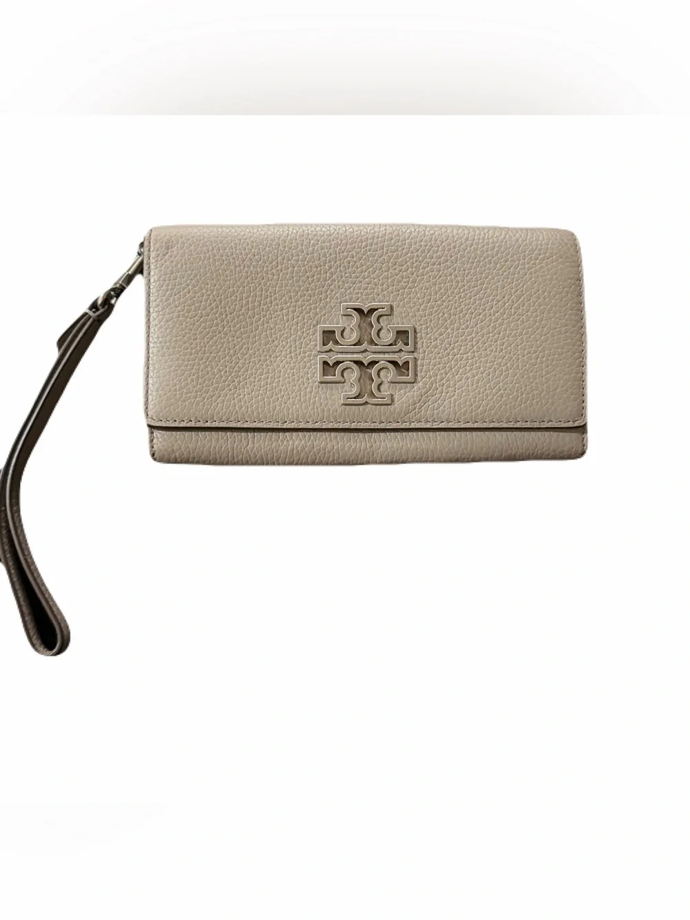 Tory Burch Britten Pebbled Leather Smartphone Wallet Wristlet Clutch Gray Silver